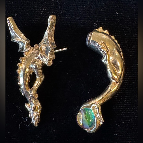 Fable Signed Unique Gold-Tone Two-Piece Dragon Earrings - Picture 3 of 6